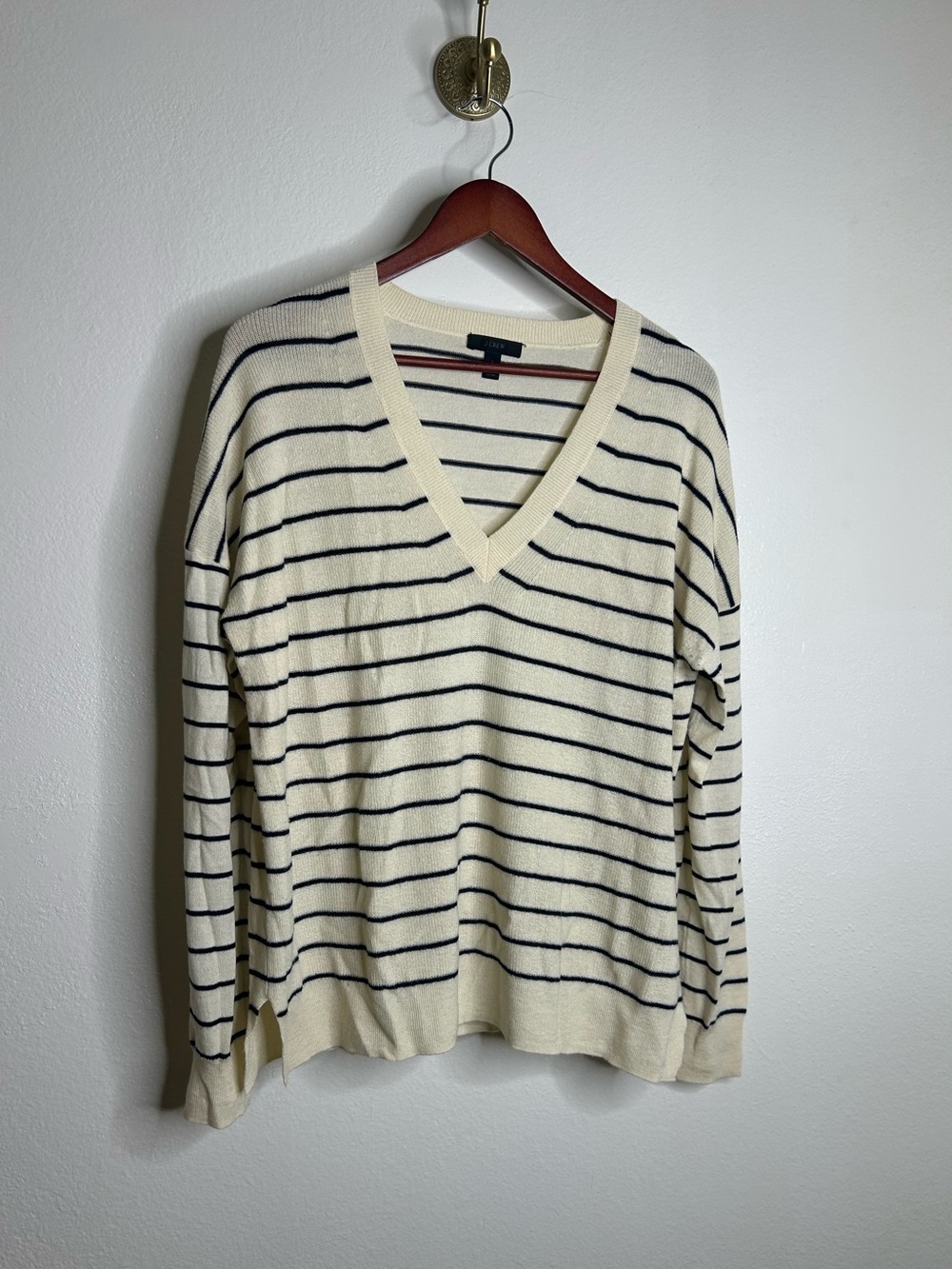 J. Crew Merino Wool Cotton Striped Cream Navy Lightweight V - Neck Sweater